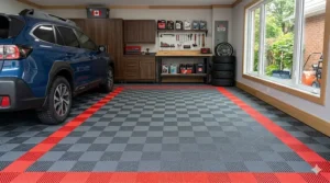 Interlocking garage floor tiles in Canada showing superior resistance to winter road salt and melted snow.