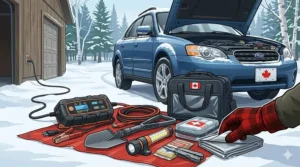 An illustration of an open Canadian winter safety kit containing a battery charger, booster cables, and emergency supplies.