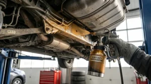 Mechanic applying rust proofing spray to a truck chassis to prevent Canadian winter rust.