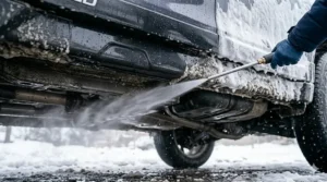 High-pressure wash cleaning winter grime from a vehicle undercarriage.