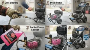 Illustration of steps for winterizing a pressure washer to prevent freeze damage.