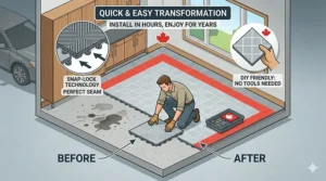 Professional workshop featuring slip-resistant interlocking garage floor tiles suitable for Canadian home workspaces.