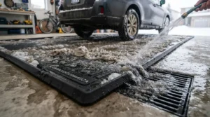 Person hosing down a garage slush mat.