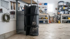 A rolled-up garage slush mat stored in a workshop.