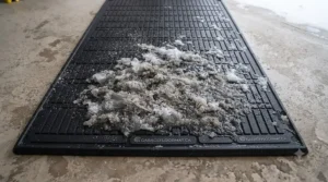 Slush mat edge trapping melted snow and water.