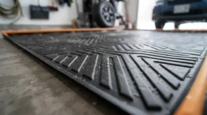 Close-up of the textured, anti-skid surface on a professional-grade garage floor mat.