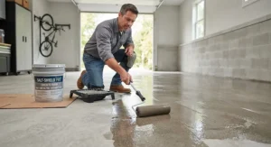 Homeowner applying professional-grade, salt-resistant garage sealer.
