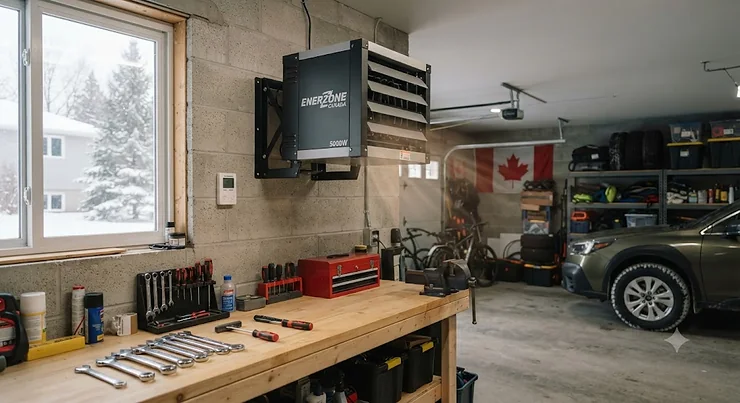 A high-efficiency wall mount garage heater installed in a Canadian home during winter, providing reliable warmth for a cold workspace.