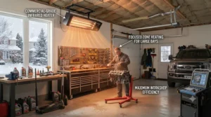 Heavy-duty commercial-grade infrared garage heater installed in a large Canadian mechanic workshop.