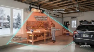 CSA-certified infrared garage heater highlighting cold-weather safety features for Canadian homes.