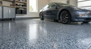 Decorative vinyl flake finish for a salt resistant garage floor, tailored for residential style.