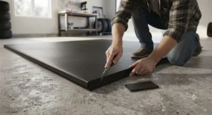 Trimming a salt trap garage mat with a utility knife for a custom garage fit.