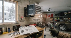 Close-up of a programmable thermostat connected to a wall mount garage heater for precise temperature regulation during freezing Canadian winters.