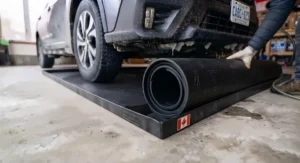 Person hosing off a dirty garage containment mat for easy cleaning. – Nettoyage facile d'un tapis de garage à l'aide d'un boyau d'arrosage.