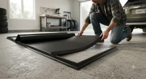 Unfolding a salt trap garage mat on a residential garage floor for winter protection.