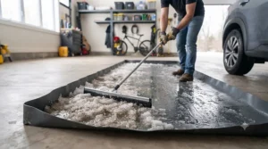 Person squeegeeing mud and debris off a garage containment mat.
