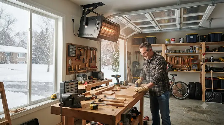Electric heater focused on a garage workbench