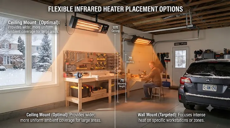 Technical diagram showing heat distribution of an electric infrared garage heater in a workshop setup.