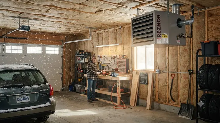 A ceiling-mounted forced air garage heater efficiently warming a well-insulated Canadian garage during a freezing winter day.