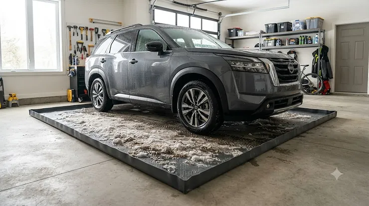 Durable garage containment mat for SUV protecting floor from winter slush. garage containment mats for SUV