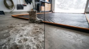 Before-and-after view of a garage floor protected by a salt containment mat.