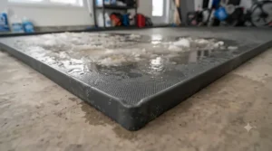 Raised edges on a garage floor mat trapping water and road salt from vehicles.