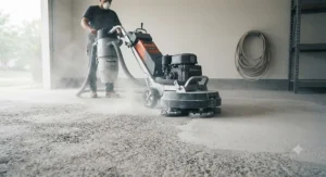 Professional diamond grinding of a concrete garage floor before applying salt resistant sealant.