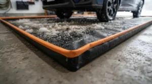 Close-up of a raised foam edge on a containment mat trapping winter snow and debris.