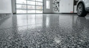 Slip-resistant, salt-resistant floor coating with decorative flakes.