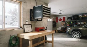 Technical illustration highlighting built-in safety features like automatic shut-off and thermal overload protection on a modern garage heater.