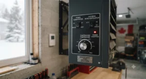 Clear technical illustration of proper electrical wiring guidelines for hardwiring a heavy-duty wall mount garage heater to Canadian electrical codes.