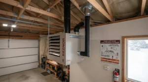 Infographic sizing chart showing BTU capacity requirements for a gas garage heater based on Canadian garage dimensions.