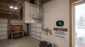 Technical illustration comparing natural gas and propane fuel options for a Canadian garage heater setup.