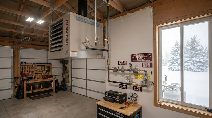 Modern gas garage heater mounted securely on a residential workshop ceiling in Canada, keeping the space warm during winter.