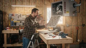 Woodworking workshop kept warm and comfortable using a high-efficiency forced air garage heater.