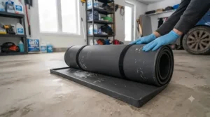 Simple roll-out installation of a garage containment mat for immediate winter protection.