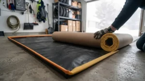Easy roll-out installation of a durable salt containment mat in a residential garage.