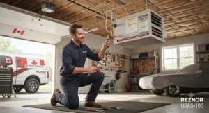 Licensed HVAC professional safely installing a forced air garage heater in a suburban home.