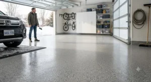 High-durability sealer protecting a garage floor from seasonal wear.