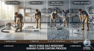 Infographic of the multi-layer application process for permanent salt resistant floor protection.