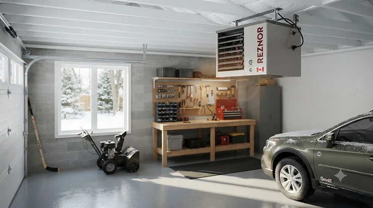 Modern natural gas garage heater installed in a Canadian home to keep the workspace warm during winter. / Chauffe-garage au gaz naturel moderne installé dans un garage résidentiel au Canada.