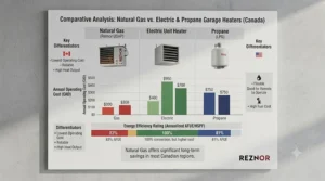 Technical illustration showing proper clearance and venting requirements for installing a natural gas garage heater safely. / Guide d'installation montrant les exigences de dégagement pour un chauffe-garage.