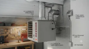 BTU sizing chart to help Canadian homeowners choose the right natural gas garage heater capacity for their square footage. / Tableau de dimensionnement BTU pour choisir la capacité idéale de chauffage de garage.