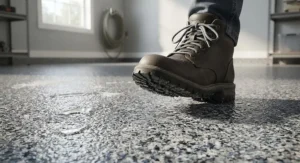 Textured salt resistant garage floor coating providing high traction in snowy, wet conditions.