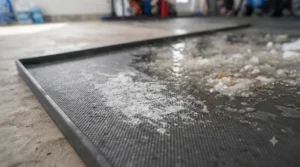 Textured non-slip surface on a garage mat for safe walking during winter months.