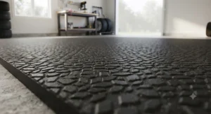 Embossed non-slip surface texture on a durable salt trap garage mat.