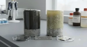 Comparison chart showing salt and chemical resistance of polyaspartic versus epoxy flooring.