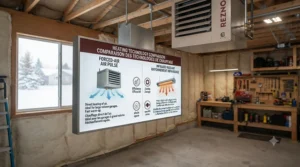 Certified HVAC technician safely installing a wall-mounted gas garage heater and gas line connection.