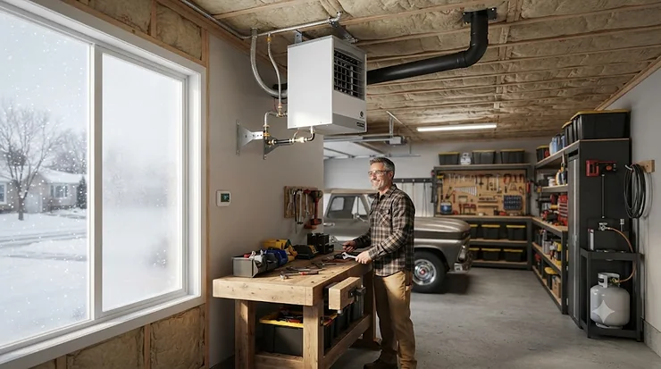 A high-efficiency propane garage heater mounted in a Canadian home workshop, keeping the space warm during a cold winter day.