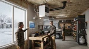 Safety diagram highlighting mandatory clearance zones for installing a propane garage heater safely.